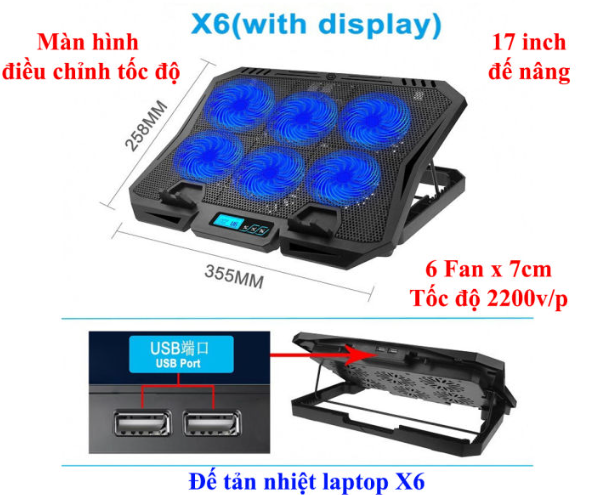 Đế tản nhiệt Laptop X6A with display (6 fan)