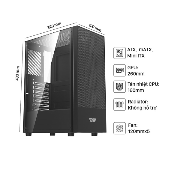 Vỏ Case Darkflash A290 Black (3 fan led- ATX, 01 mặt kính cường lực, màu đen)