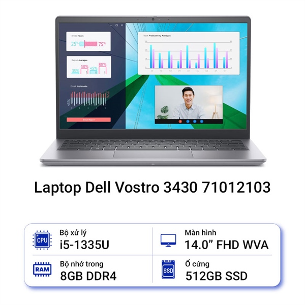 MTXT Dell Vostro 3430 71012103 Titan Grey Core i5-1335U (10 cores, 12MB cache, BASE 3.5Ghz up to 4.6Ghz), 8GB (DDR4 2666MHz), 512GB SSD, Intel Iris Xe Graphics, 14 inch FHD, 3C 41Wh-65W Adpt, AC+BT, No FP, Ubuntu, Prosup, Xám (Titan Grey), 1WTY