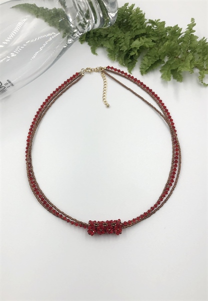 Vòng cổ pha lê 5328M3 mix 2 dây cườm, mặt ống pha lê kết cườm