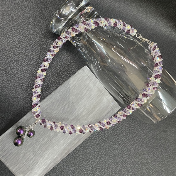 Vòng cổ 5328M4 mix cườm xoắn, mặt chùm 3 ngọc trai 5810