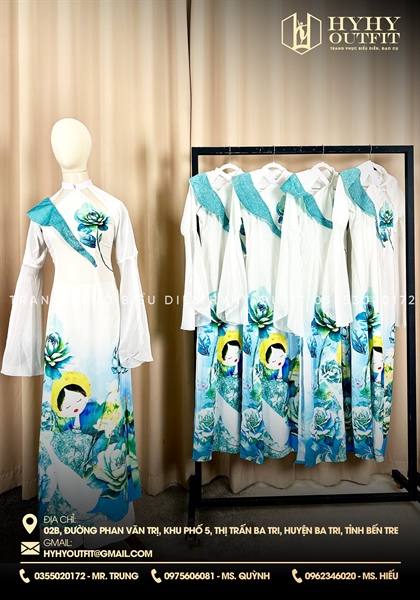 ÁO DÀI HOA SEN XANH NGỌC VAI BẠC