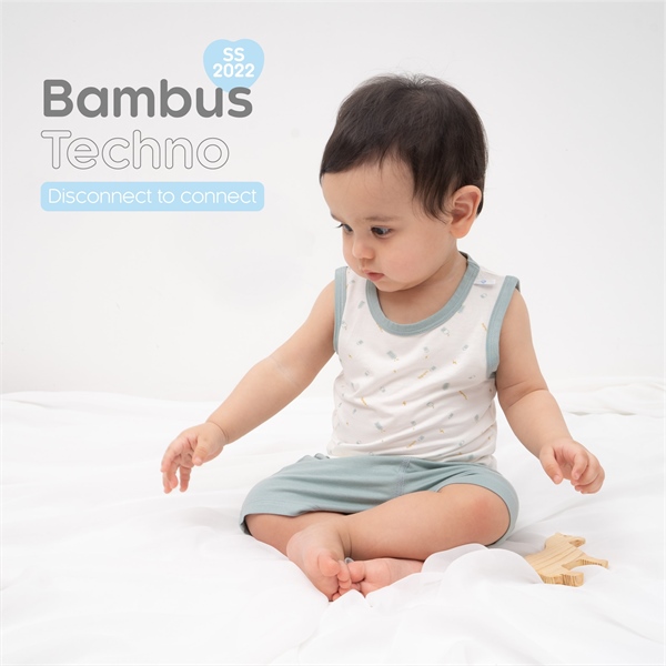 Bu Bộ sát nách cổ tròn Bambus -Trắng in Xanh