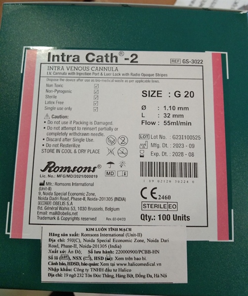 Kim luồn tĩnh mạch Romsons G20 (Có cánh, có cửa) - India 2