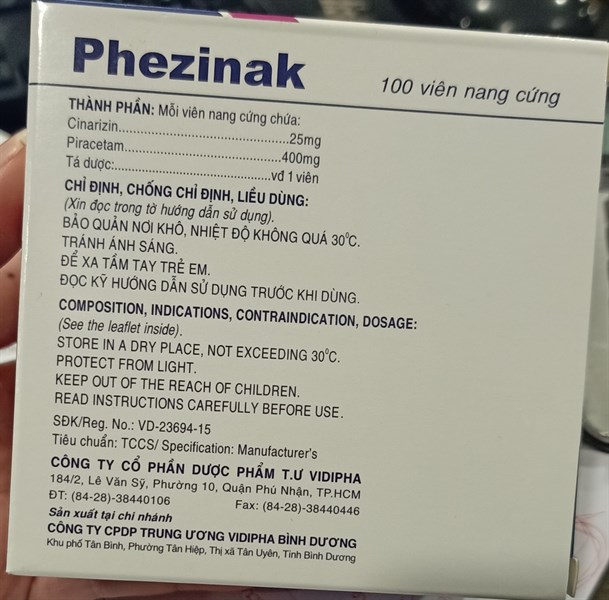 PHEZINAK (Piracetam 400mg + cinnarizin 25mg) (H*10vỉ*10viên) - Vidipha 2