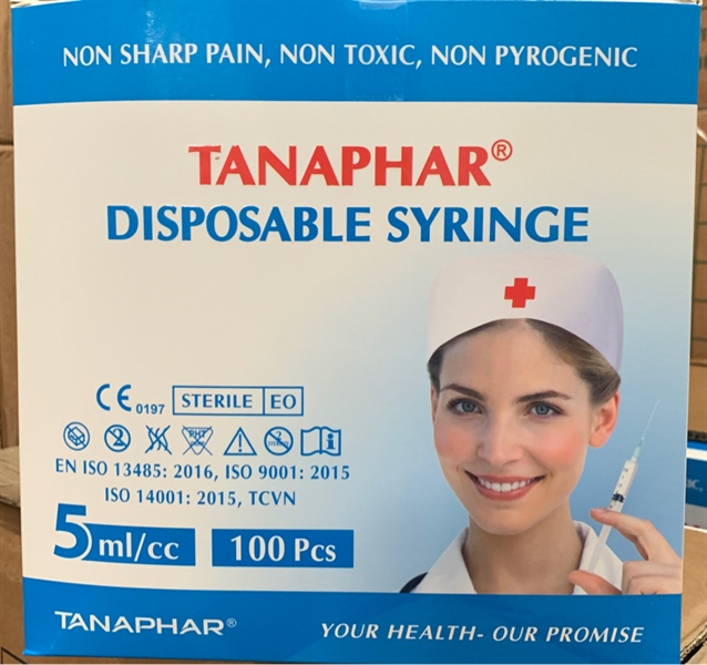 Bơm tiêm 5ml/cc (Kim 23G) Tanaphar Bơm tiêm sử dụng 1 lần (Hộp 100 cái)