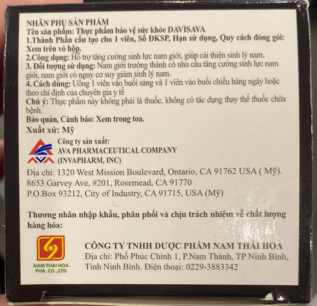 Davisava (Hỗ trợ tăng cường sinh lực nam giới) (Lọ 30 viên) - Mỹ/Nam Thái Hoa 2