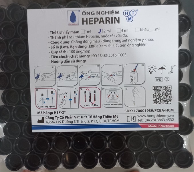 Ống nghiệm Heparin lithium HTM 2ml nắp đen, mous thấp (Kiện 2400 cái) - HTM