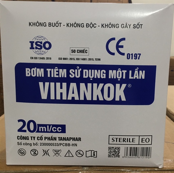 Bơm tiêm 20ml/cc VIHANKOK (Kim 23G) Tanaphar/VN, Bơm tiêm sử dụng một lần ( Hộp 50 cái)