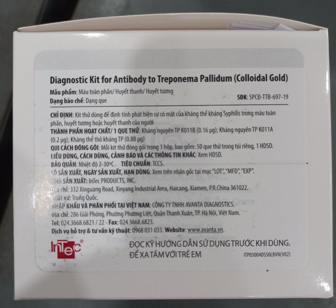 Định tính phát hiện sự có mặt của kháng thể kháng Syphilis trong máu toàn phần, huyết tương hoặc huyết thanh của người (Diagnostic Kit for Antibody to Treponema Pallidum (Colloidal Gold)) (Hộp 50 test) - Intec/TQ