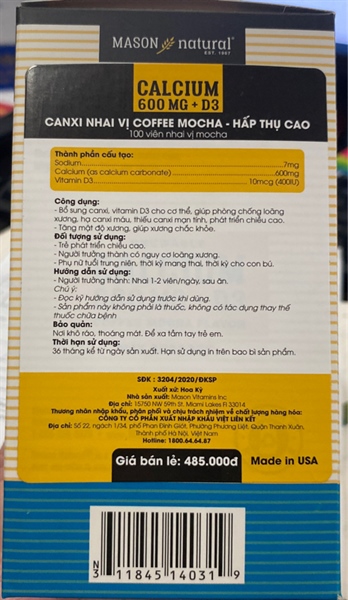 Mason Calcium 600mg + D3 (Calci nhai vị Coffee Mocha) (Lọ 100 viên) - USA 2