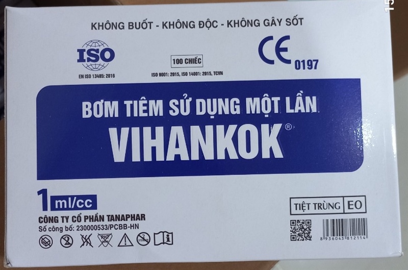 Bơm tiêm 1ml/cc VIHANKOK , Tanaphar/VN (Kim 26G) Bơm tiêm sử dụng một lần (Hộp 100cái)