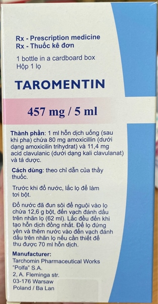 Taromentin 457mg/5ml (Amoxicillin 400mg + clavulanic 57mg) Lọ 12.6g - Ba Lan