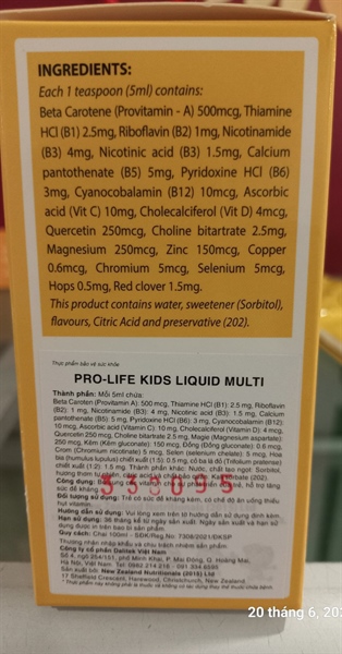 Siro PRO-LIFE Kids Liquid Multi bổ sung vitamin, khoáng chất cho trẻ (lọ 100ml - New Zealand 2