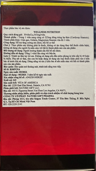 Đông trùng hạ thảo Wellness nutrition (Lọ 30 viên) - Mỹ 2