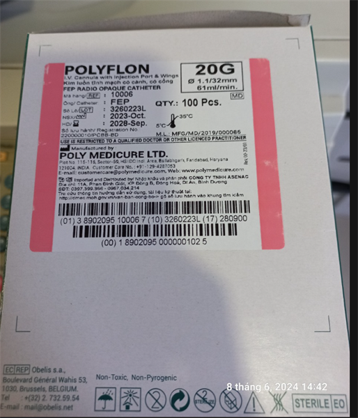 Kim luồn Polyflon, 20G (có cánh có cổng) (Hộp 100 cái) - India 2