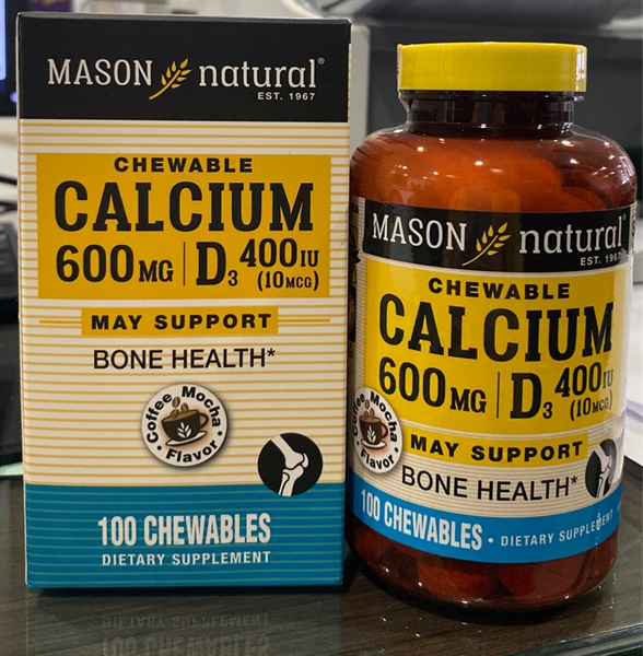 Mason Calcium 600mg + D3 (Calci nhai vị Coffee Mocha) (Lọ 100 viên) - USA