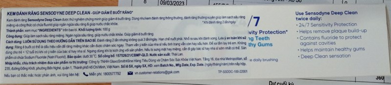 KĐR Sensodyne (Giảm ê buốt răng) Deep clean 100g - Thái Lan 2