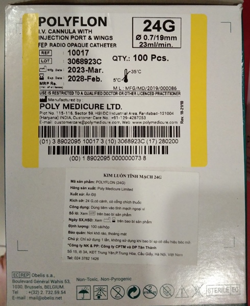 Kim luồn Polyflon, 24G (có cánh có cổng) (Hộp 100 cái) - India 2