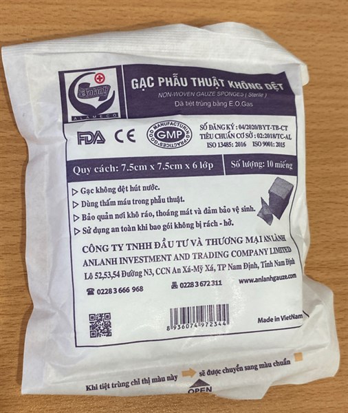 Gạc phẫu thuật không dệt 7,5 x 7,5 x 6 lớp (Gói 10 cái) - An Lành