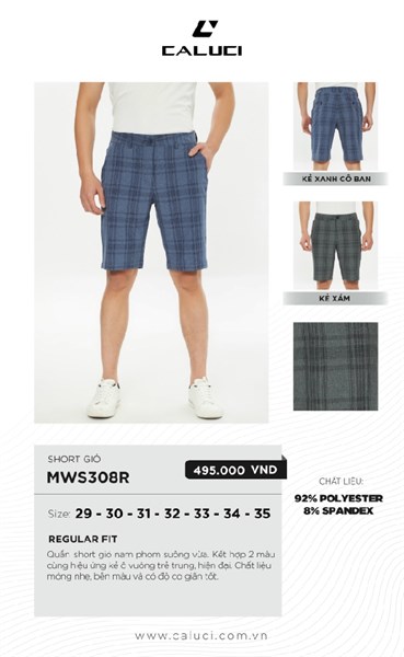 Quần short gió cạp Caluci MWS308R(495) Kiểu dáng regular fit