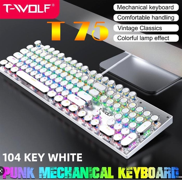 PHÍM CƠ T WOLF T75 LED MẠ BẠC (WHITE, 104 key, BLUE SW)