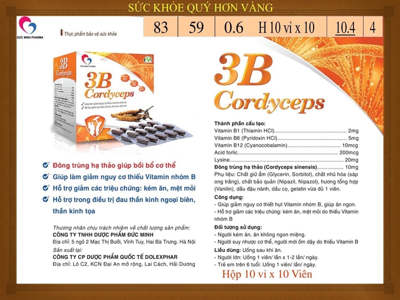 3B Cordyceps Đức Minh (Hộp 10 vỉ x 10 viên)- hộp